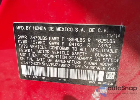 2015 Honda Fit Ex/Ex-L z USA, uszkodzony, nr VIN 3HGGK5H87FM749952